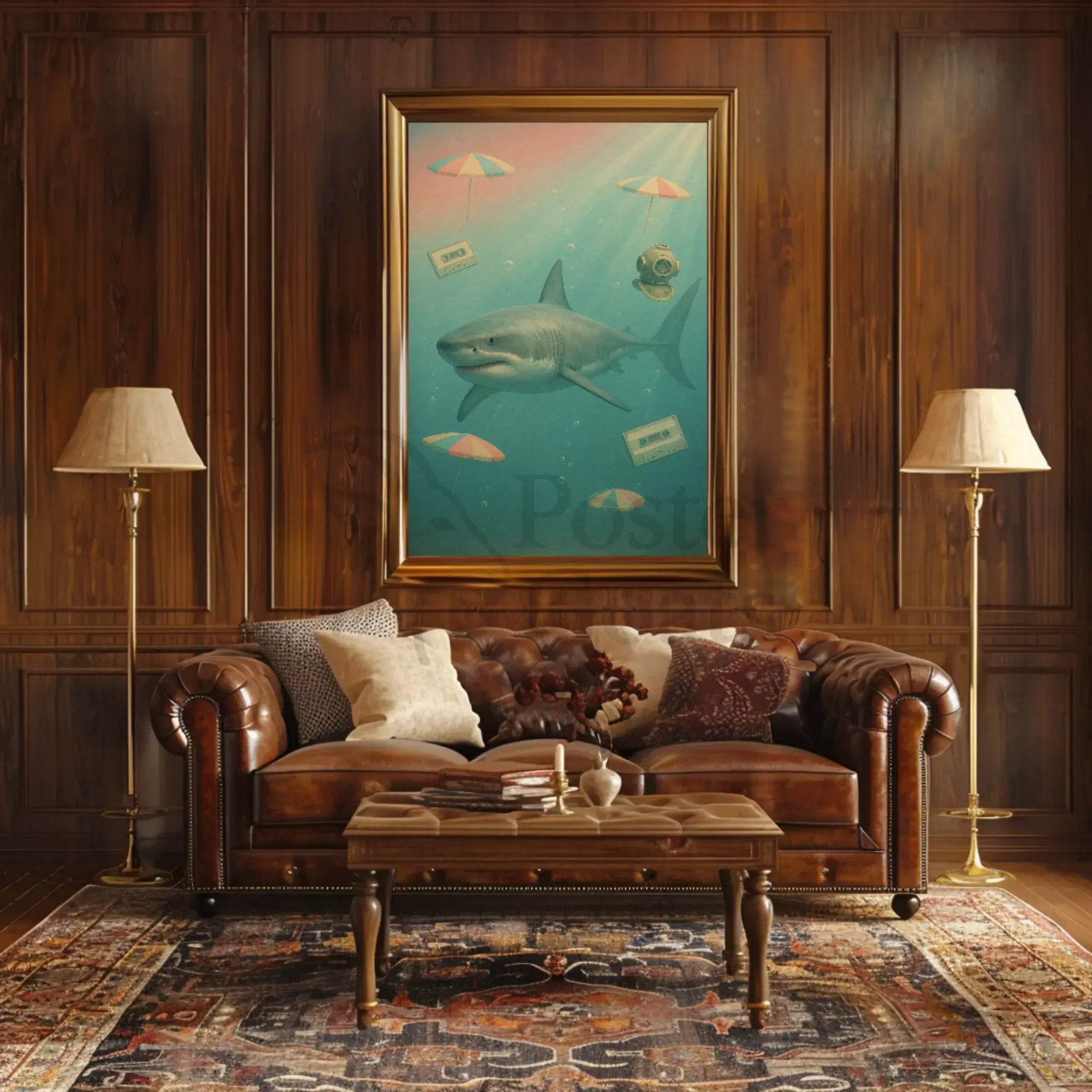 Surreal Shark Nostalgia Art Print Pop Culture Poster PosterGoat