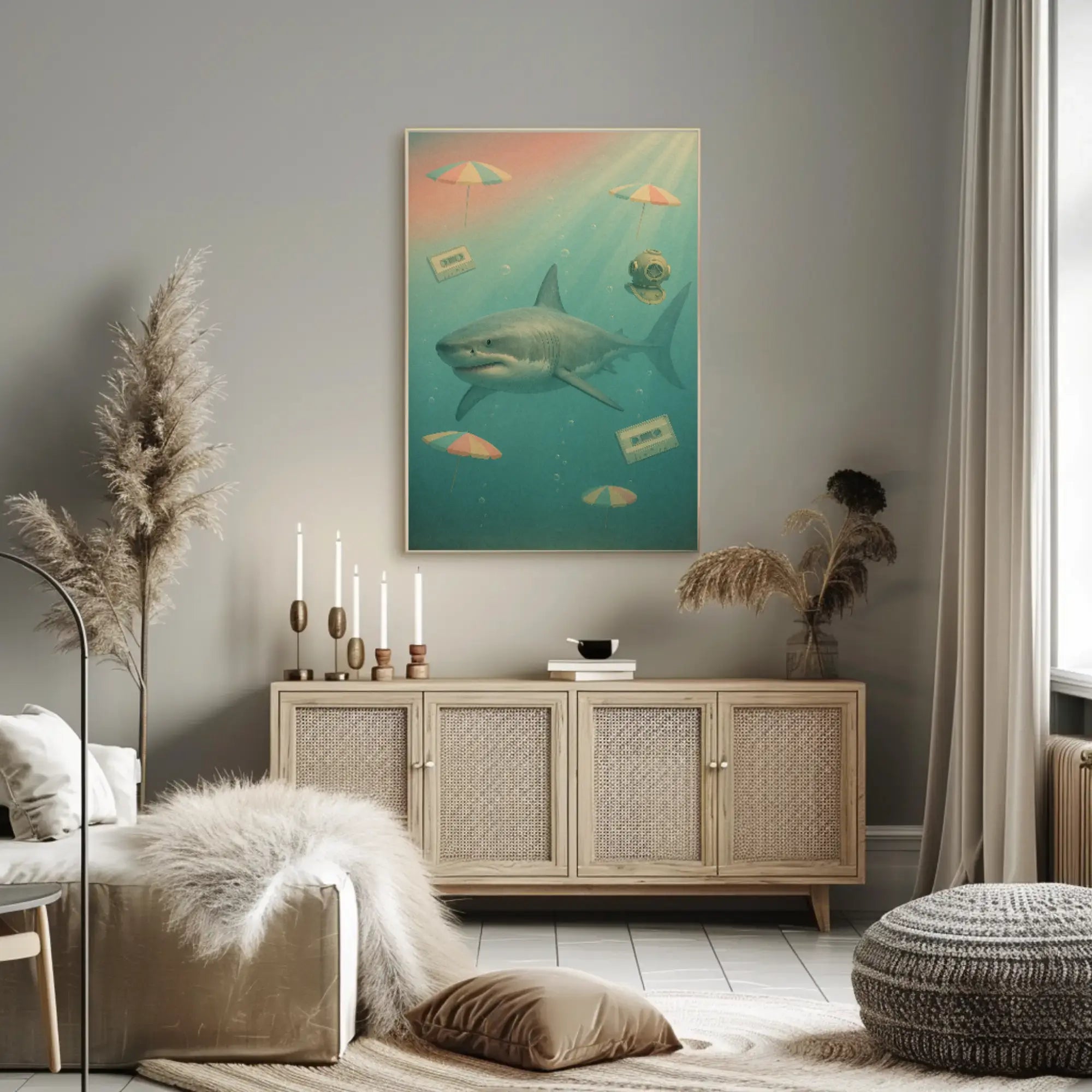 Surreal Shark Nostalgia Art Print Pop Culture Poster PosterGoat