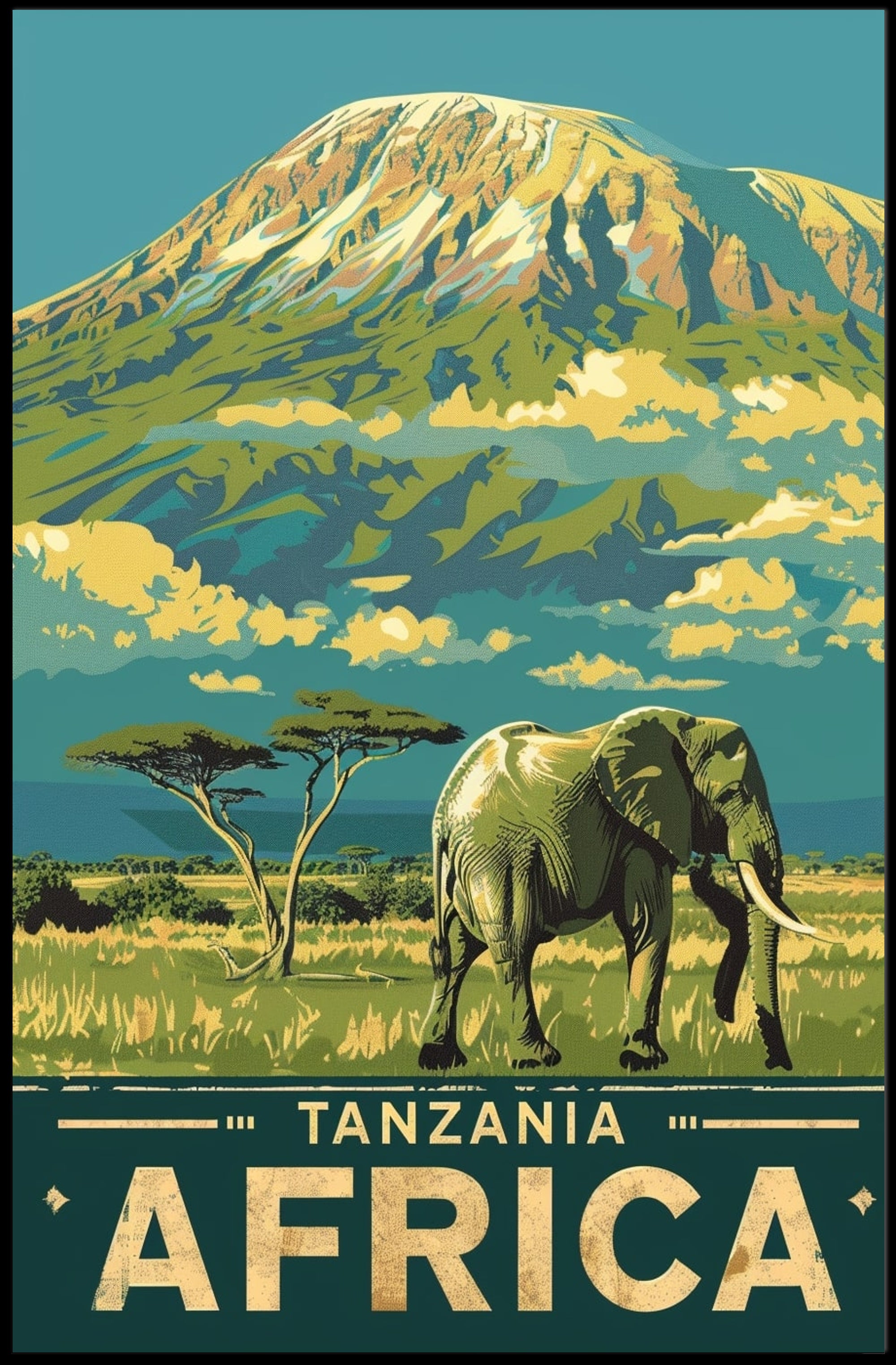 Tanzania Vintage Travel Poster with Mount Kilimanjaro and Elephant PosterGoat