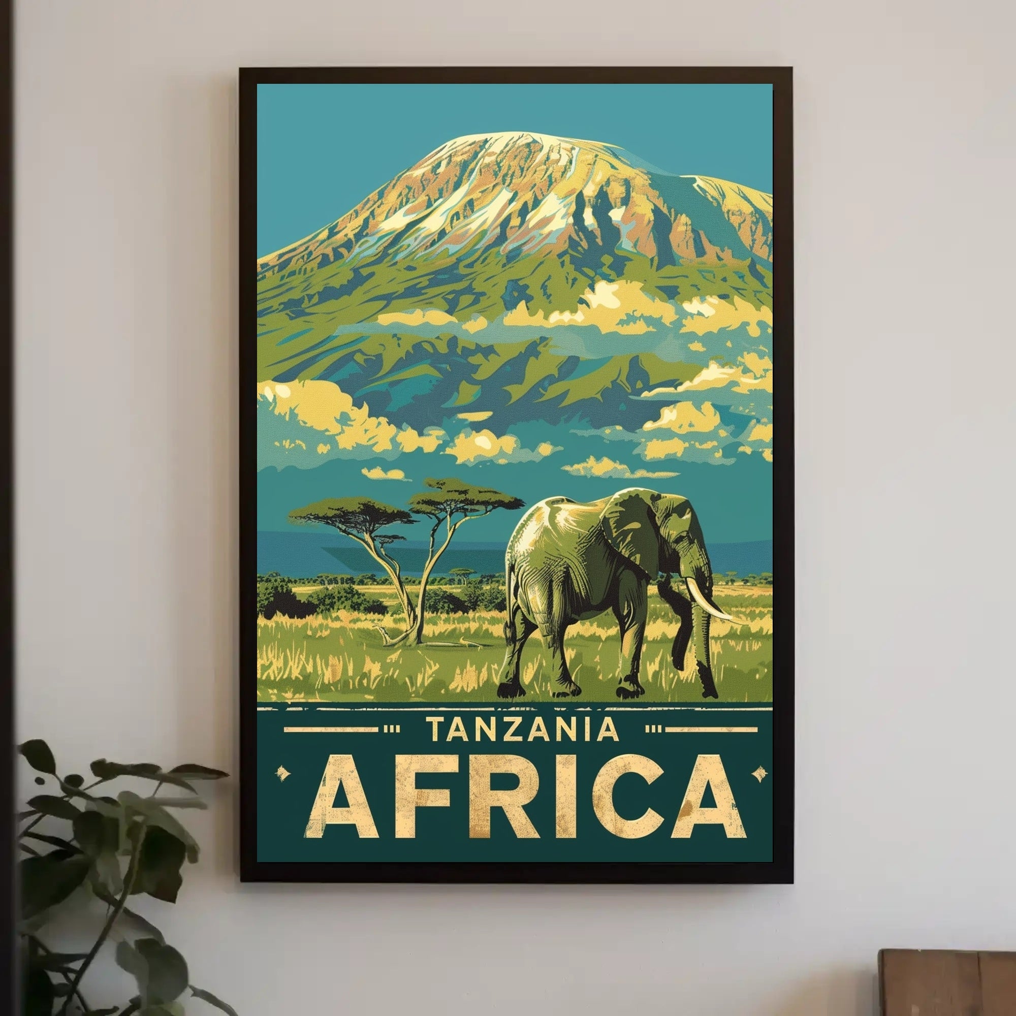 Tanzania Vintage Travel Poster with Mount Kilimanjaro and Elephant PosterGoat