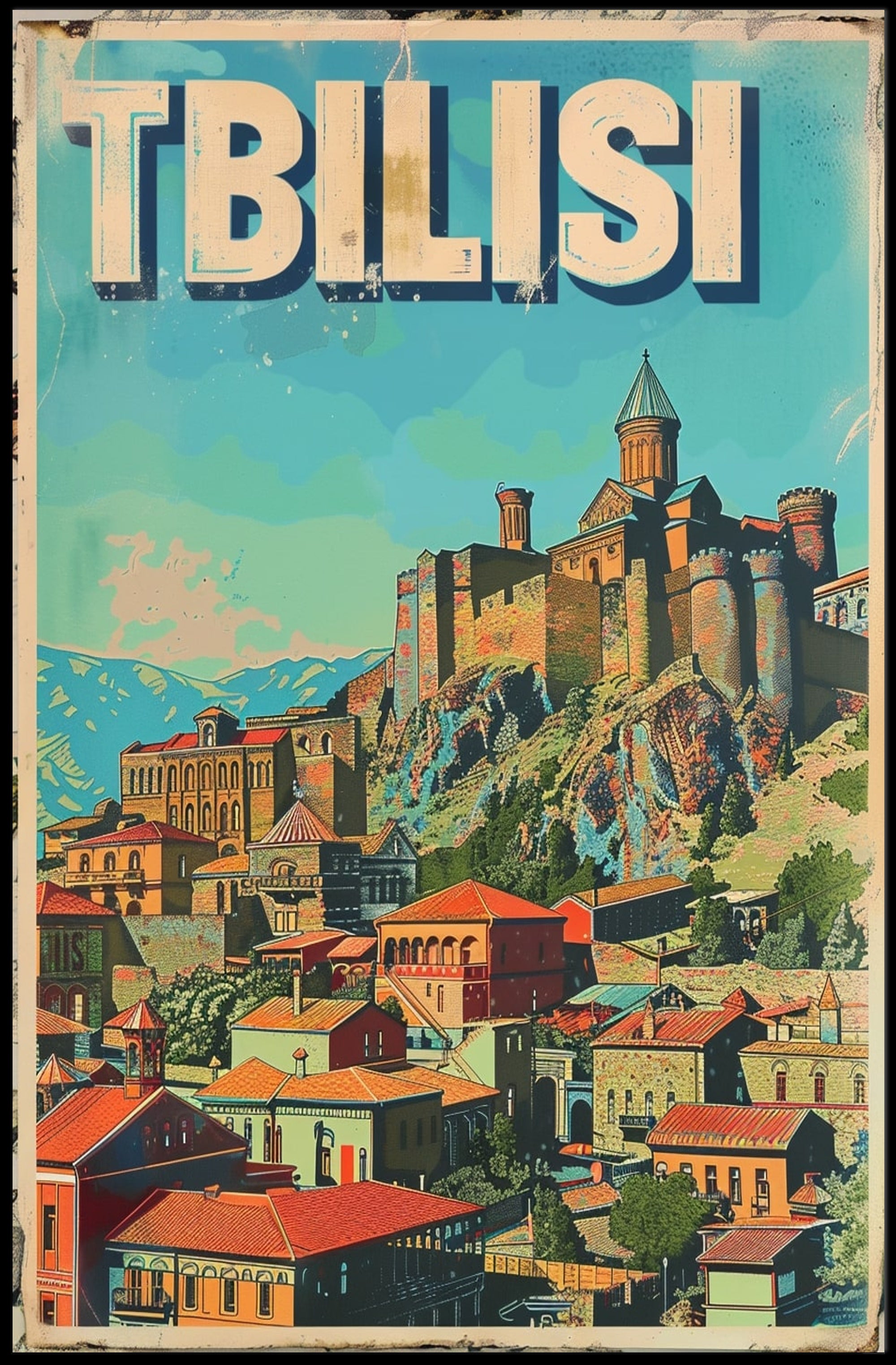 Tbilisi Vintage Travel Poster Featuring Narikala Fortress PosterGoat