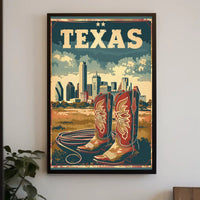 Texas Cowboy Boots and Skyline Cultural or Heritage Poster PosterGoat