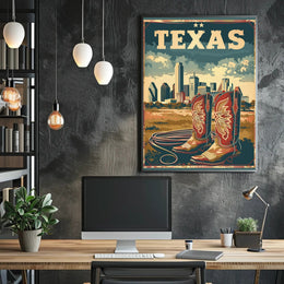 Texas Cowboy Boots and Skyline Cultural or Heritage Poster PosterGoat