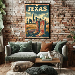 Texas Cowboy Boots and Skyline Cultural or Heritage Poster PosterGoat