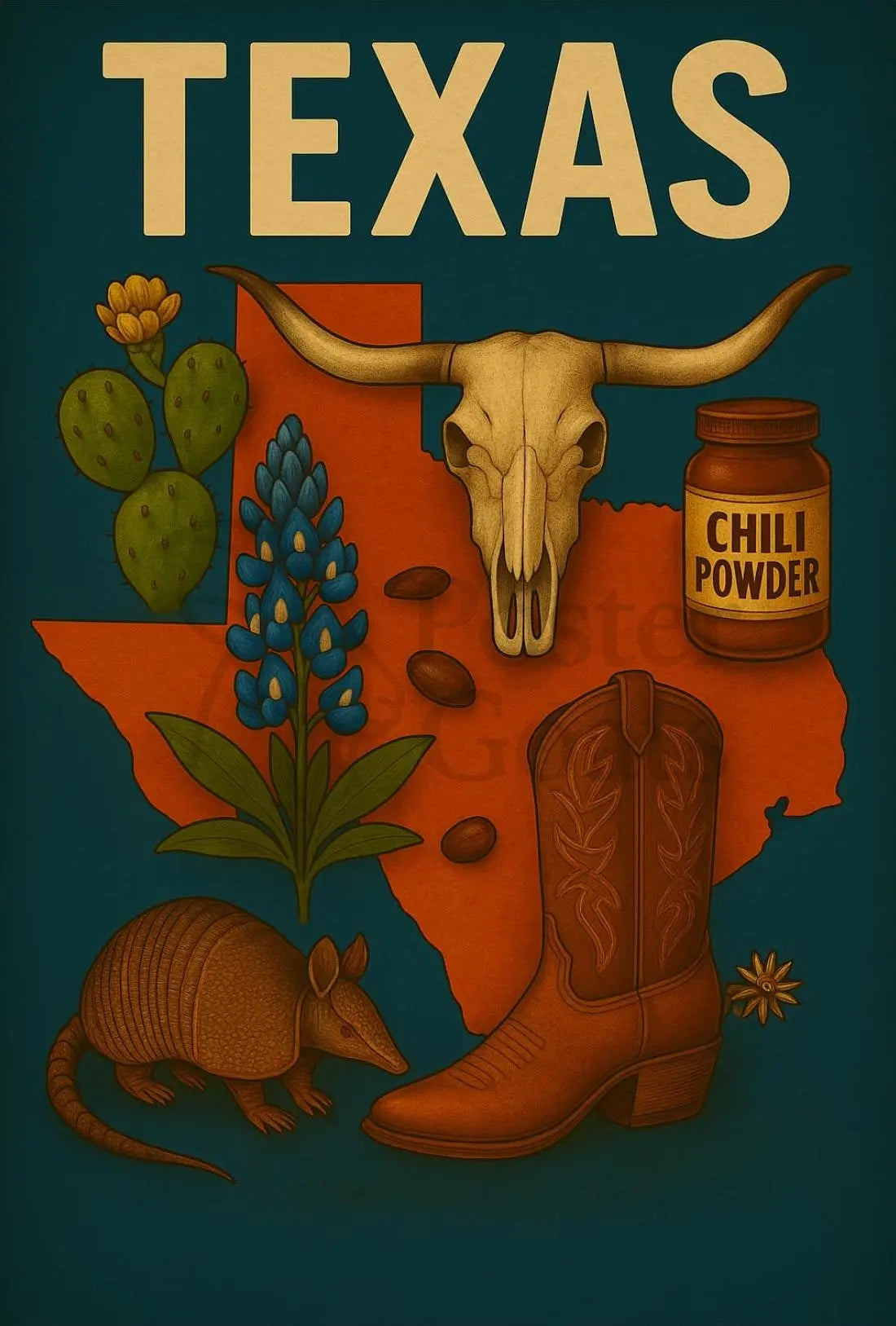 Texas Icons and Symbols Art Print Cultural or Heritage Poster PosterGoat