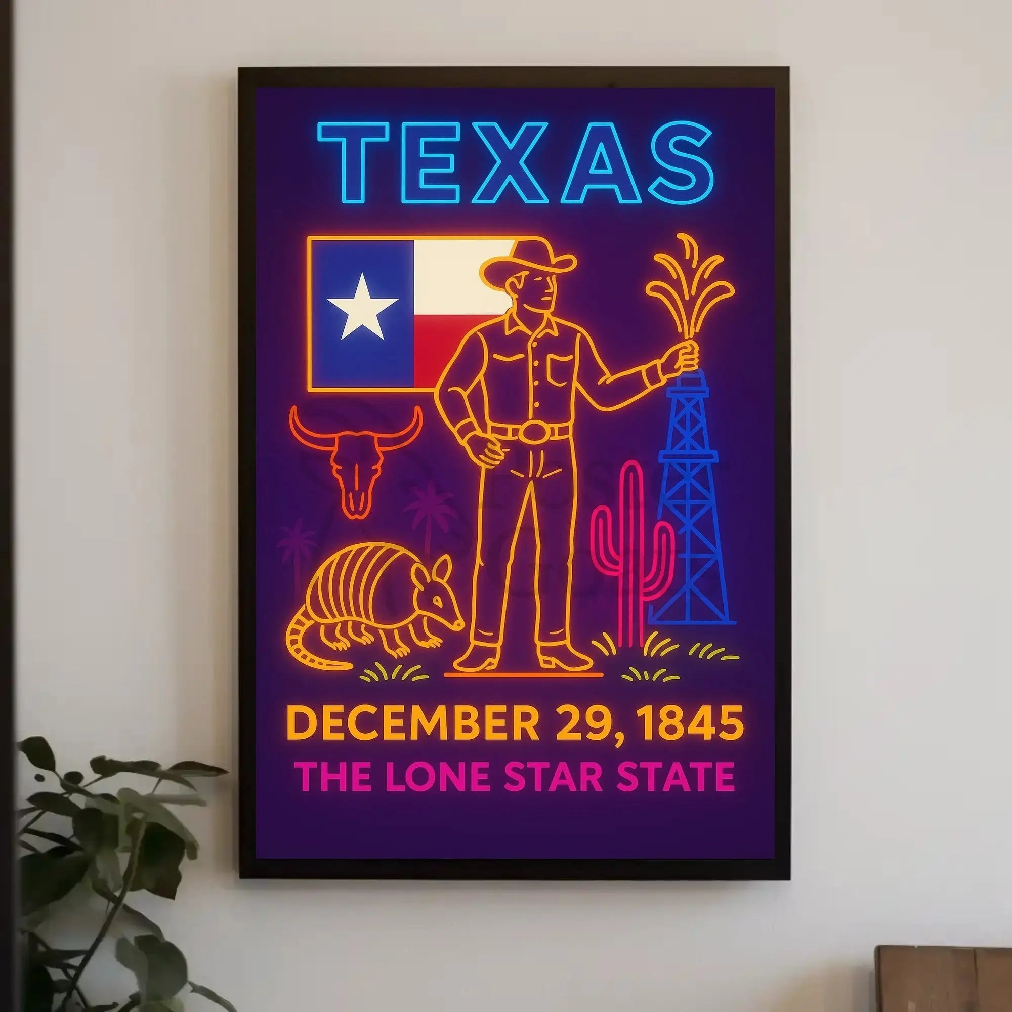 Texas Statehood Celebration Neon Art Cultural Poster PosterGoat
