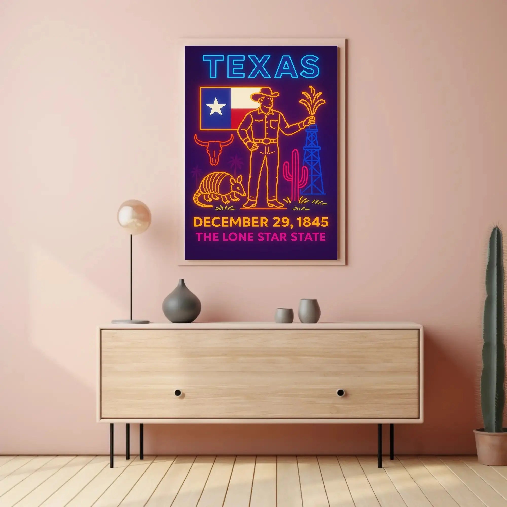 Texas Statehood Celebration Neon Art Cultural Poster PosterGoat