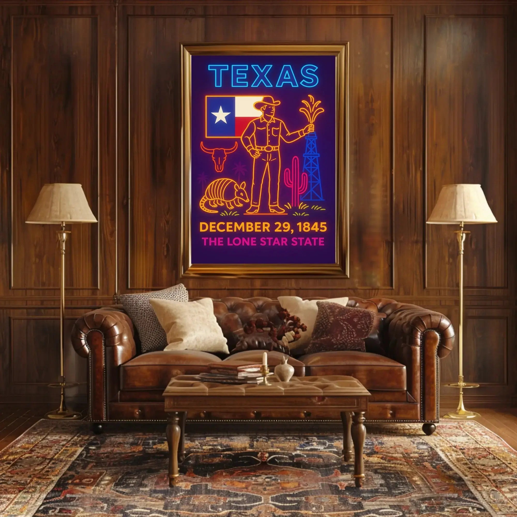 Texas Statehood Celebration Neon Art Cultural Poster PosterGoat