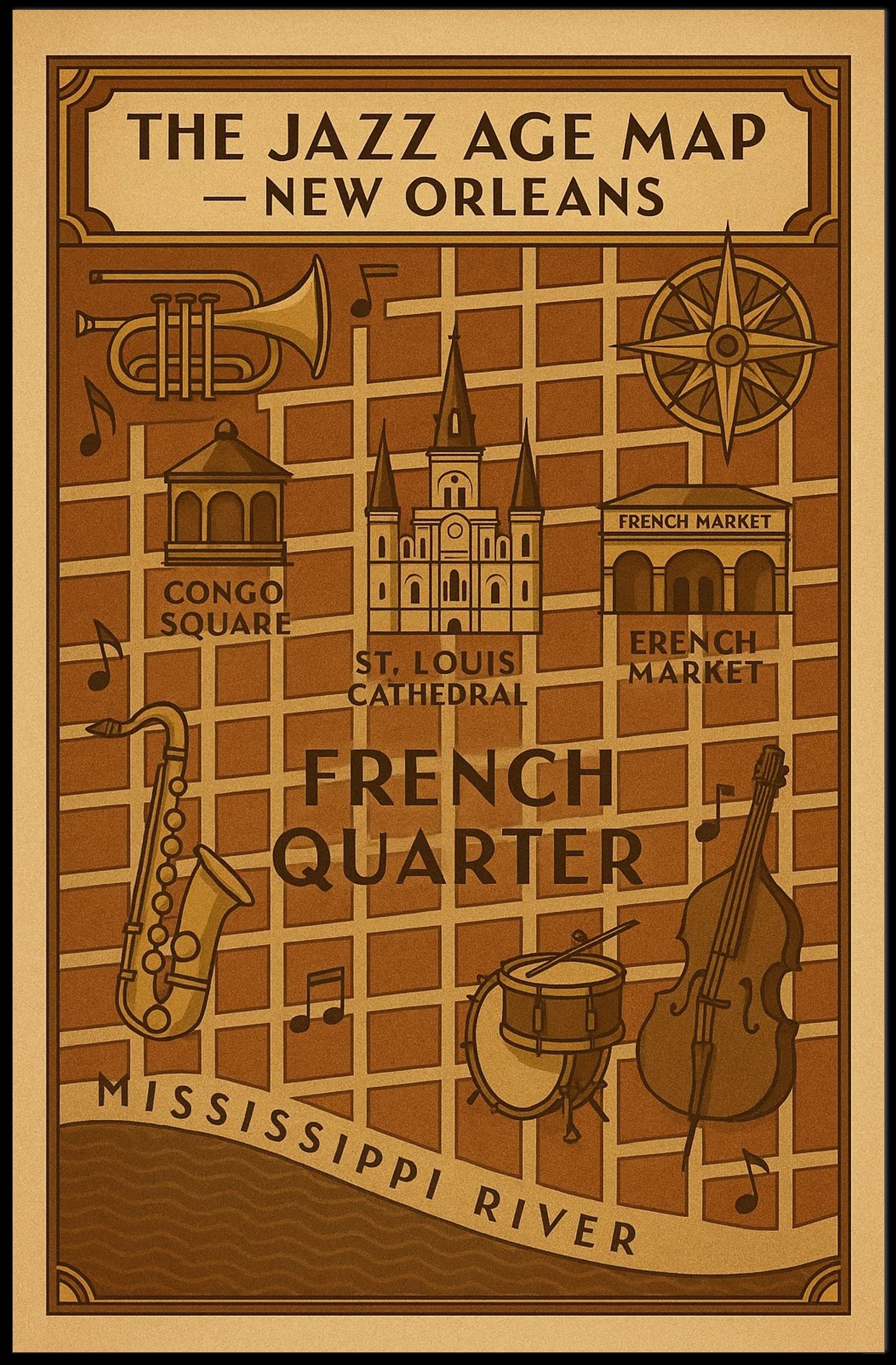The Jazz Age Map – New Orleans Cultural Poster PosterGoat