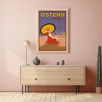 The poster advertises Ostend, a coastal city in Belgium, and highlights its beaches. Travel Poster PosterGoat