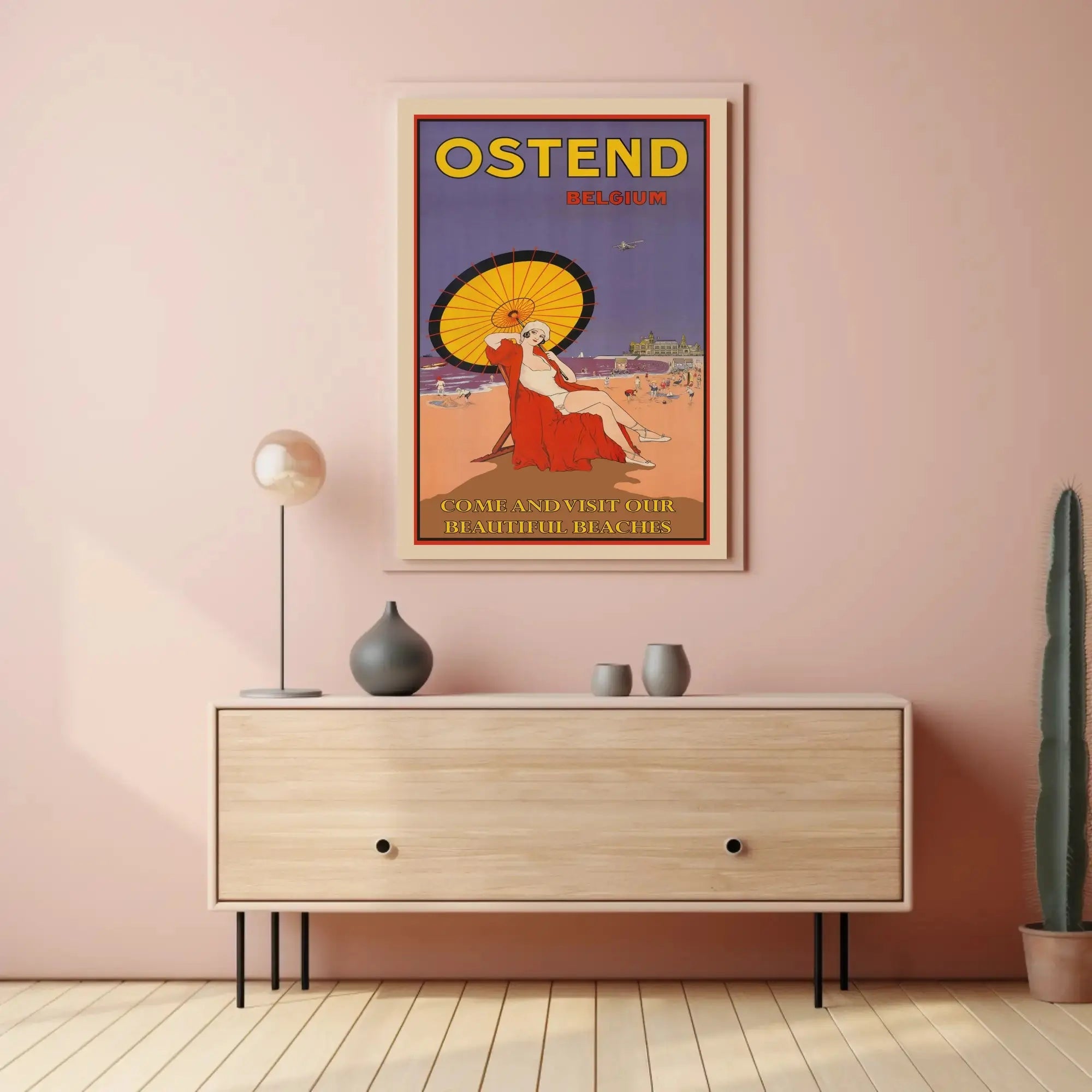 The poster advertises Ostend, a coastal city in Belgium, and highlights its beaches. Travel Poster PosterGoat