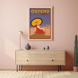 The poster advertises Ostend, a coastal city in Belgium, and highlights its beaches. Travel Poster PosterGoat