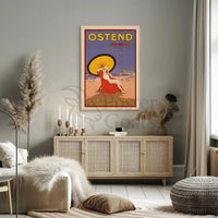 The poster advertises Ostend, a coastal city in Belgium, and highlights its beaches. Travel Poster PosterGoat