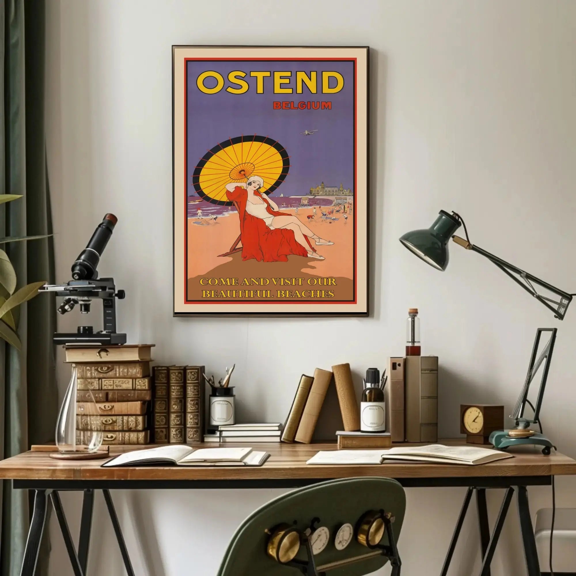 The poster advertises Ostend, a coastal city in Belgium, and highlights its beaches. Travel Poster PosterGoat