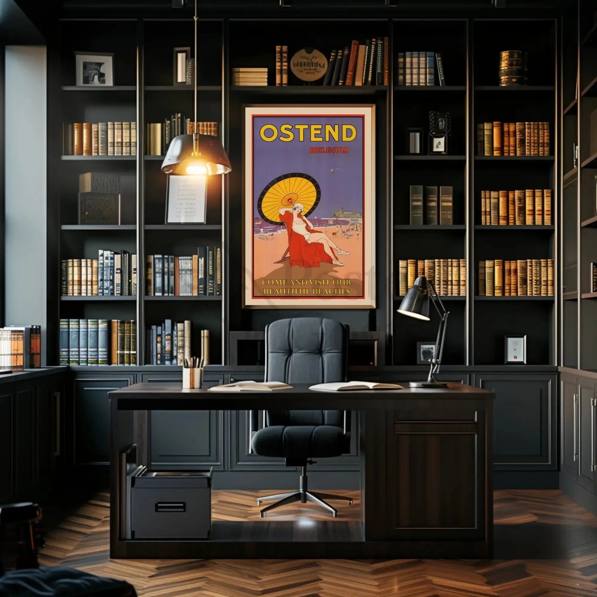 The poster advertises Ostend, a coastal city in Belgium, and highlights its beaches. Travel Poster PosterGoat