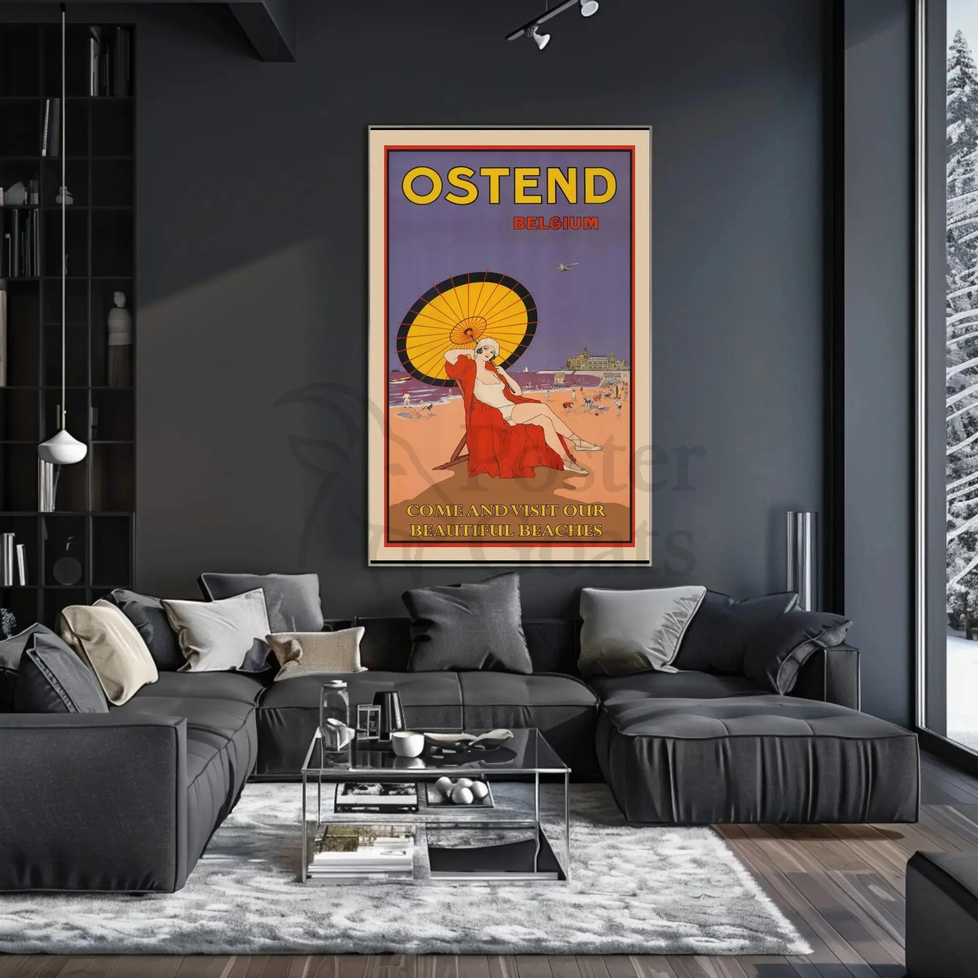 The poster advertises Ostend, a coastal city in Belgium, and highlights its beaches. Travel Poster PosterGoat