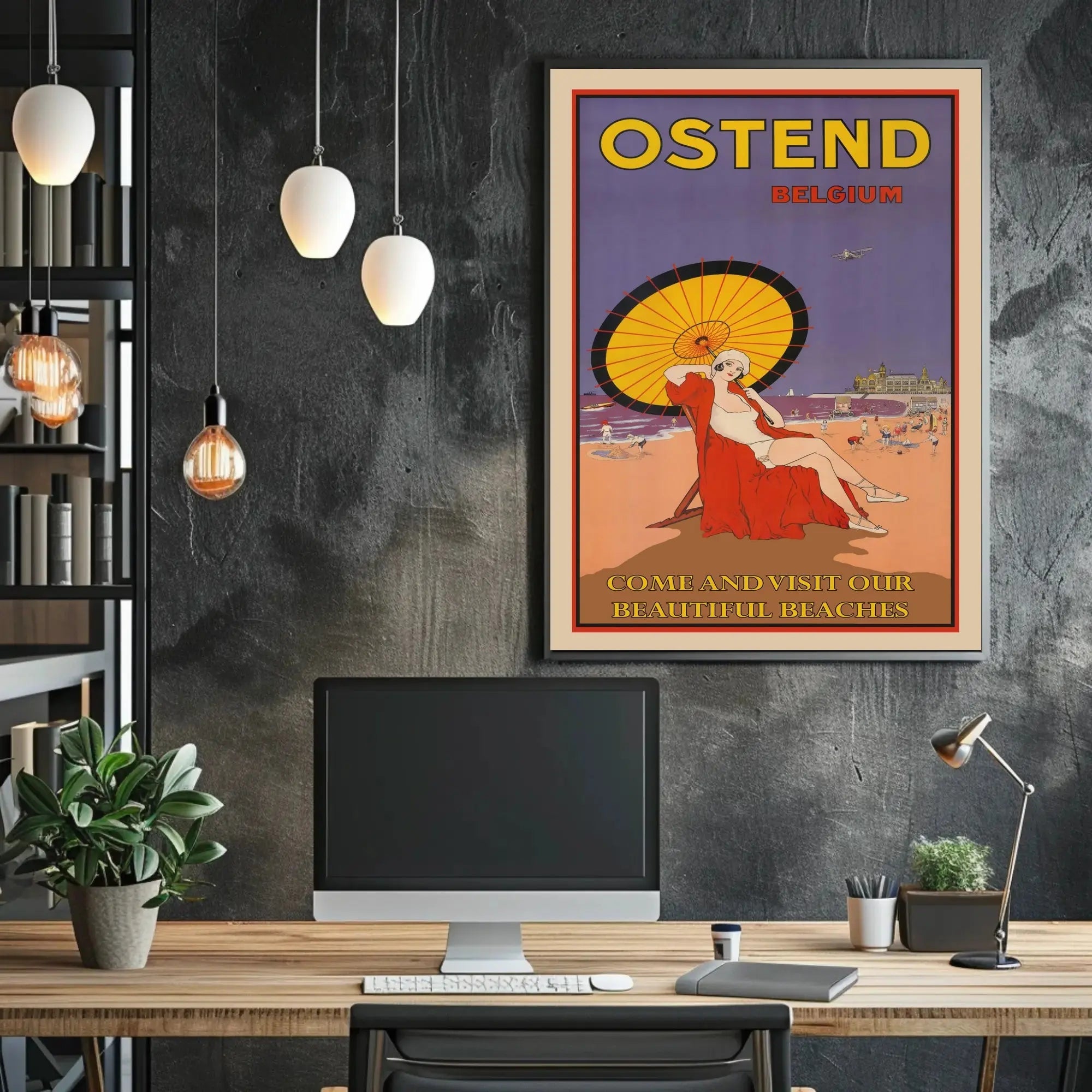 The poster advertises Ostend, a coastal city in Belgium, and highlights its beaches. Travel Poster PosterGoat