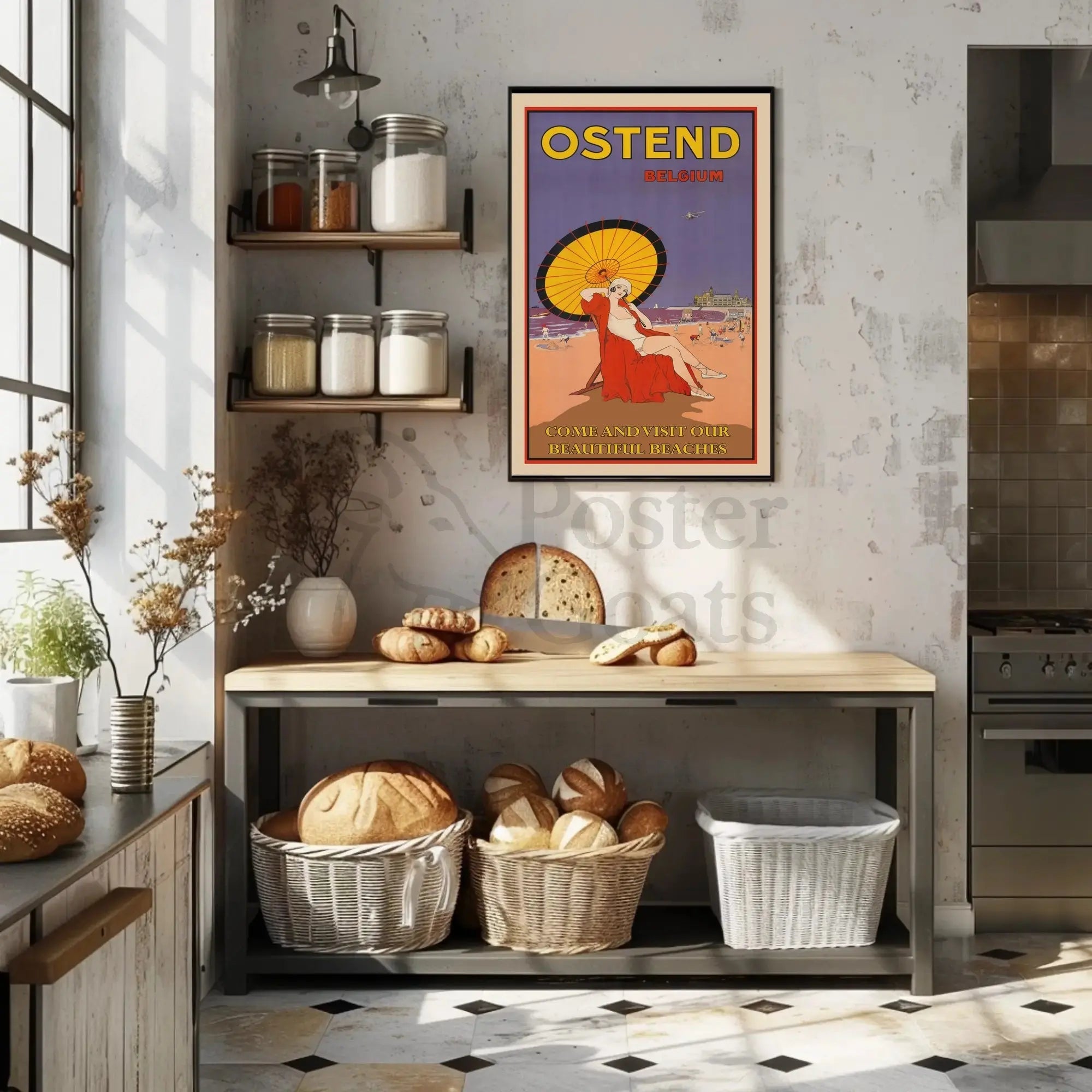 The poster advertises Ostend, a coastal city in Belgium, and highlights its beaches. Travel Poster PosterGoat
