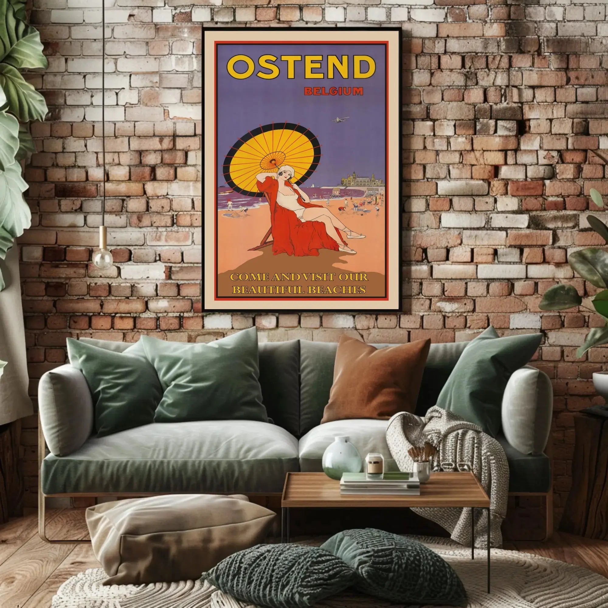The poster advertises Ostend, a coastal city in Belgium, and highlights its beaches. Travel Poster PosterGoat