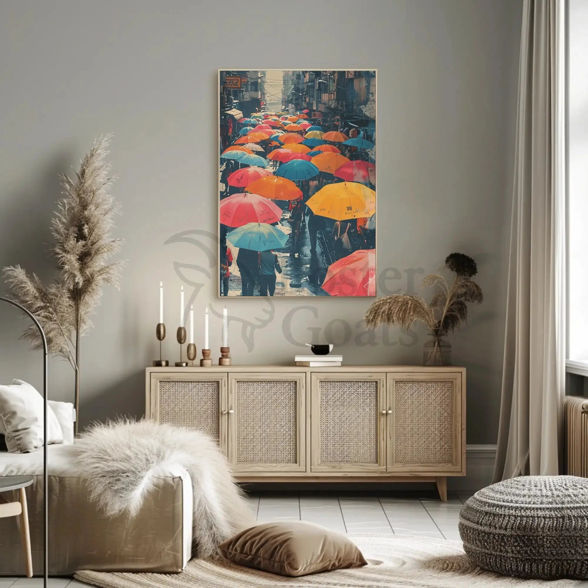 The poster depicts a bustling street scene, likely in an urban setting. The Travel Poster PosterGoat