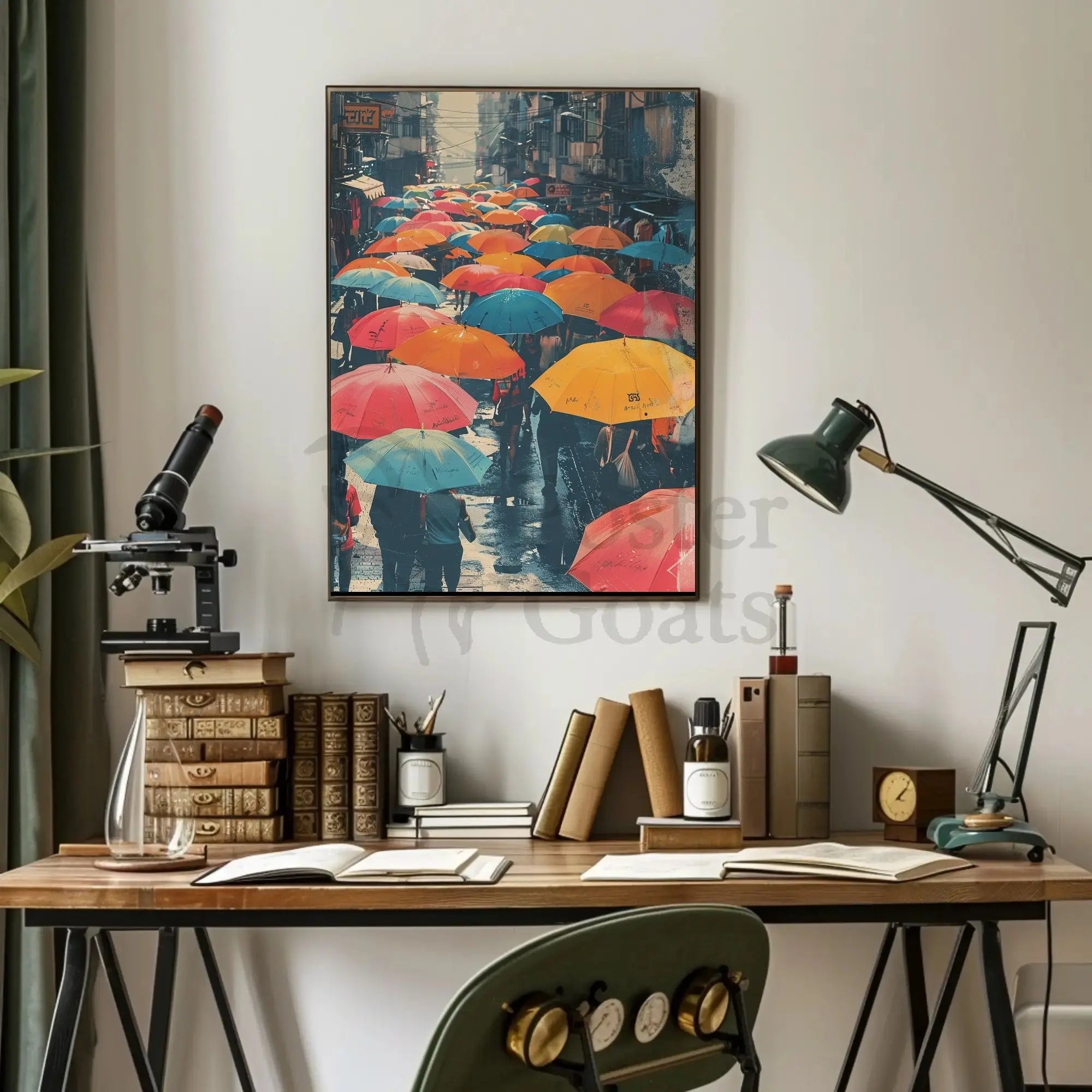 The poster depicts a bustling street scene, likely in an urban setting. The Travel Poster PosterGoat