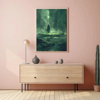 The poster depicts a mysterious and atmospheric scene. Here's a breakdown based on Travel Poster PosterGoat