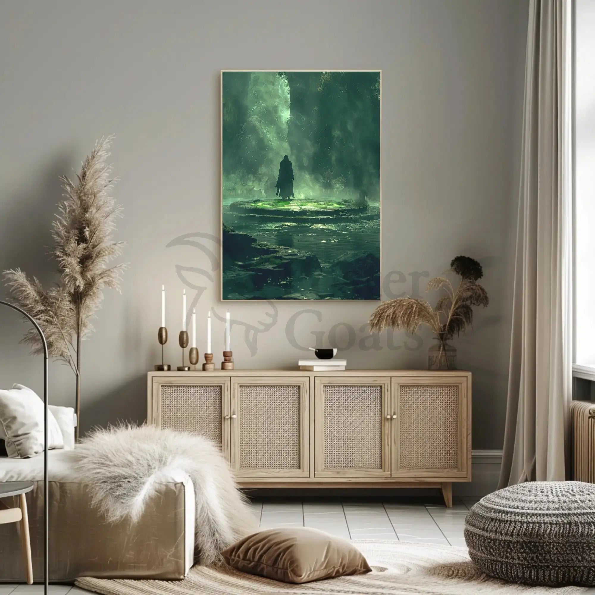 The poster depicts a mysterious and atmospheric scene. Here's a breakdown based on Travel Poster PosterGoat