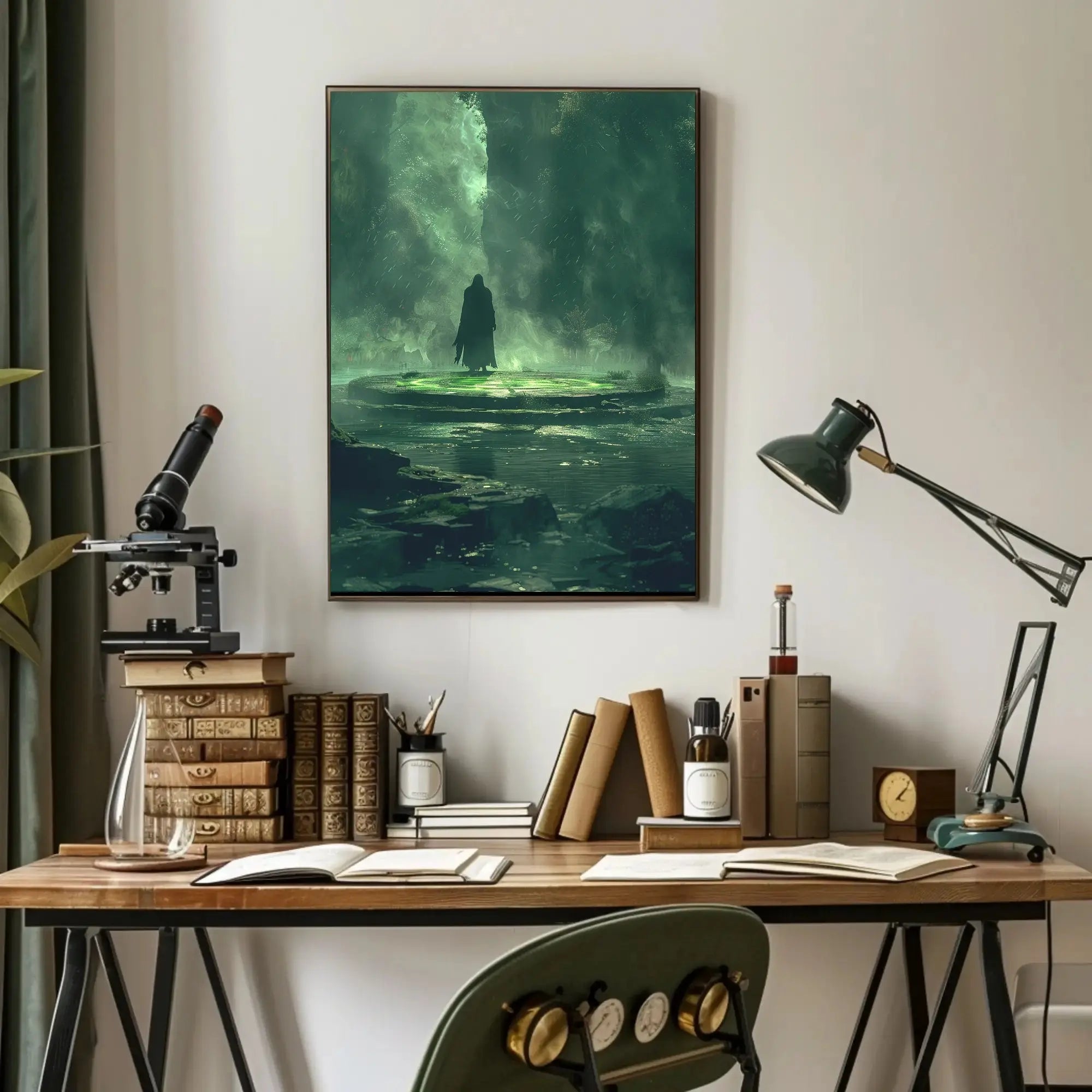 The poster depicts a mysterious and atmospheric scene. Here's a breakdown based on Travel Poster PosterGoat