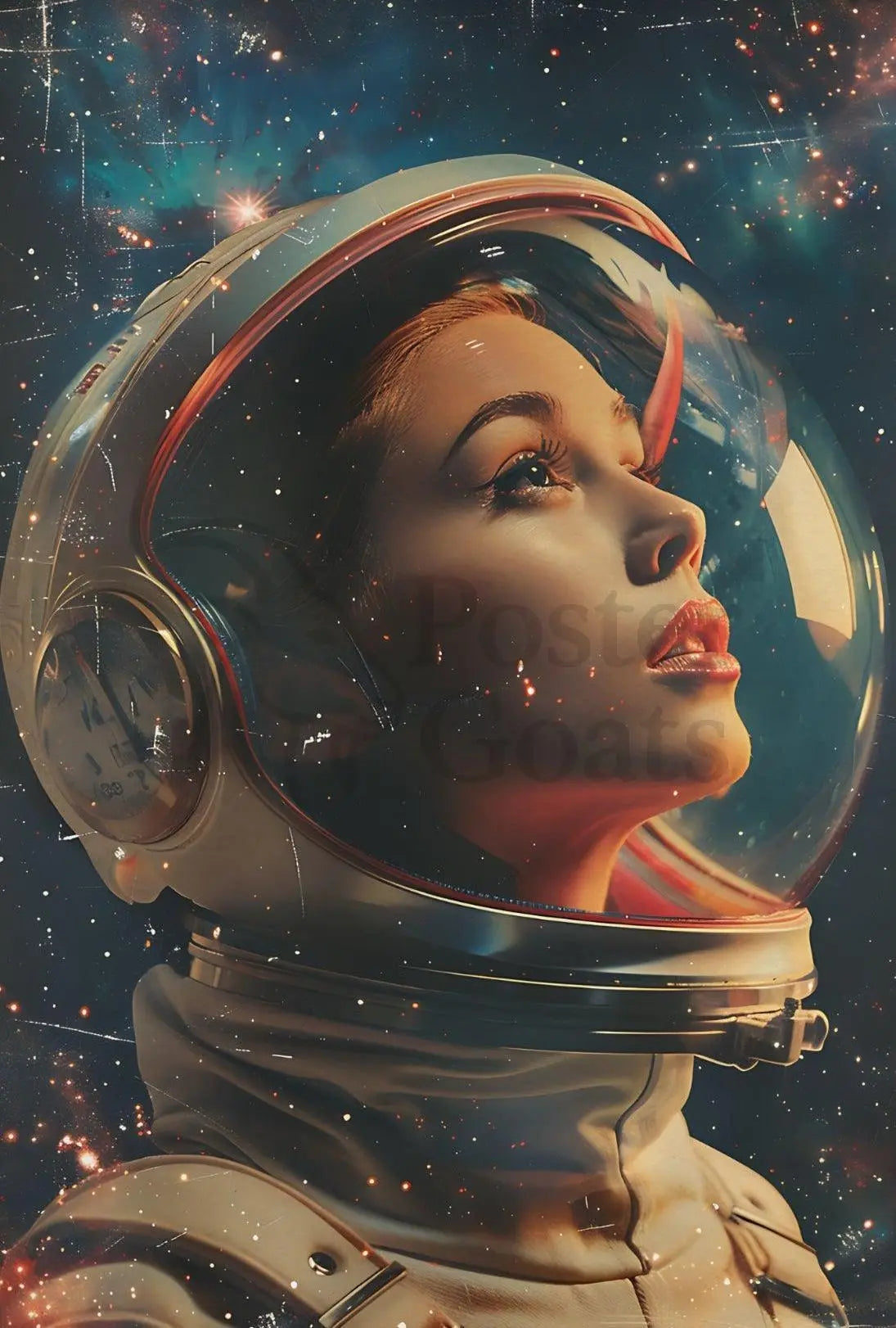 The poster depicts an astronaut with a focus on the helmet and face, Travel Poster PosterGoat
