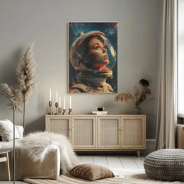 The poster depicts an astronaut with a focus on the helmet and face, Travel Poster PosterGoat