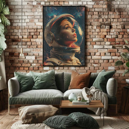 The poster depicts an astronaut with a focus on the helmet and face, Travel Poster PosterGoat