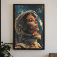The poster depicts an astronaut with a focus on the helmet and face, Travel Poster PosterGoat