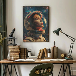 The poster depicts an astronaut with a focus on the helmet and face, Travel Poster PosterGoat