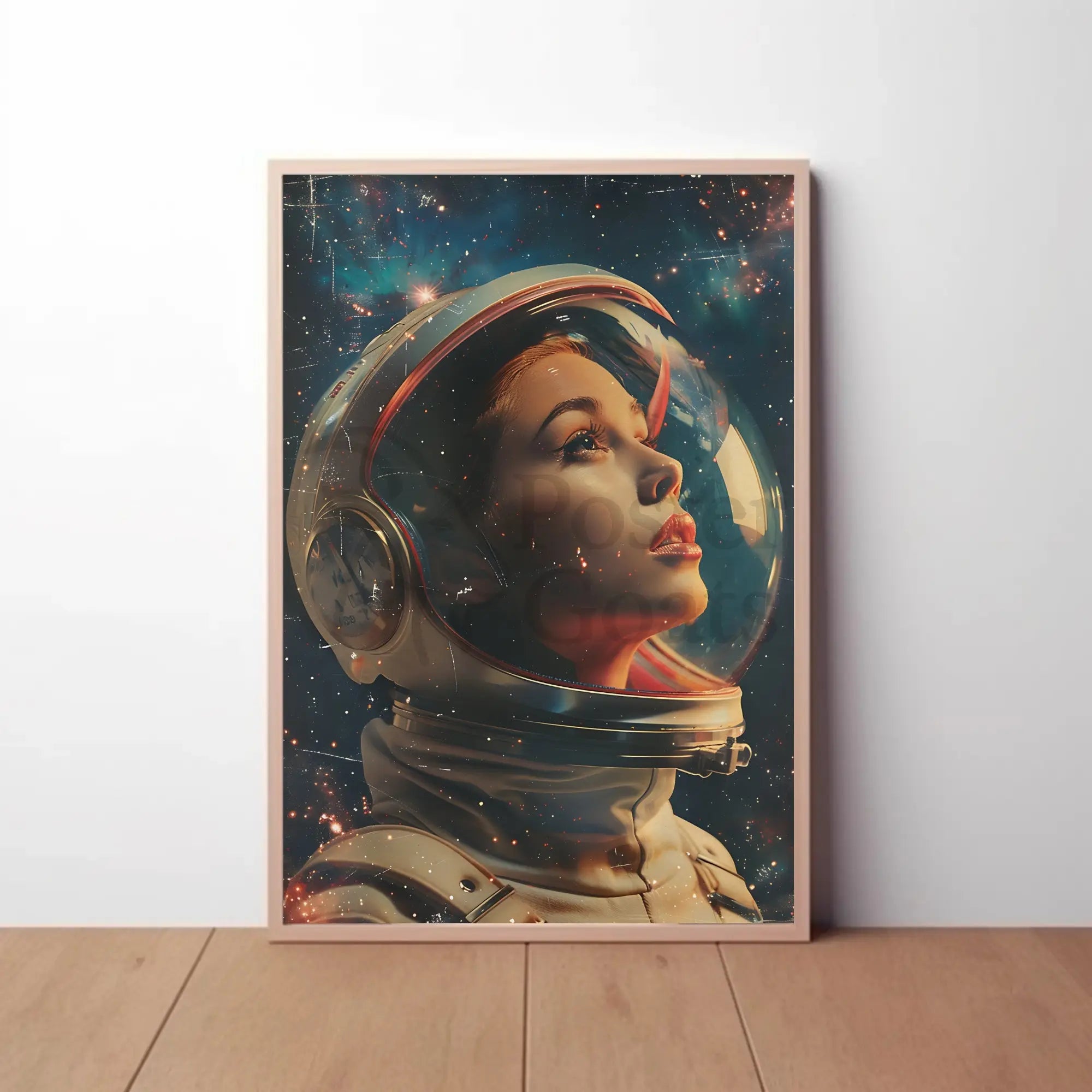 The poster depicts an astronaut with a focus on the helmet and face, Travel Poster PosterGoat