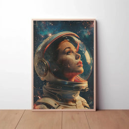 The poster depicts an astronaut with a focus on the helmet and face, Travel Poster PosterGoat