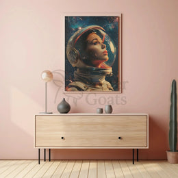 The poster depicts an astronaut with a focus on the helmet and face, Travel Poster PosterGoat