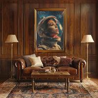 The poster depicts an astronaut with a focus on the helmet and face, Travel Poster PosterGoat