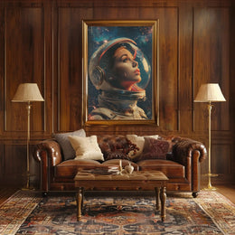 The poster depicts an astronaut with a focus on the helmet and face, Travel Poster PosterGoat