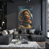 The poster depicts an astronaut with a focus on the helmet and face, Travel Poster PosterGoat