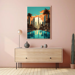 The poster features a stylized cityscape with a focus on a futuristic environment, Travel Poster PosterGoat