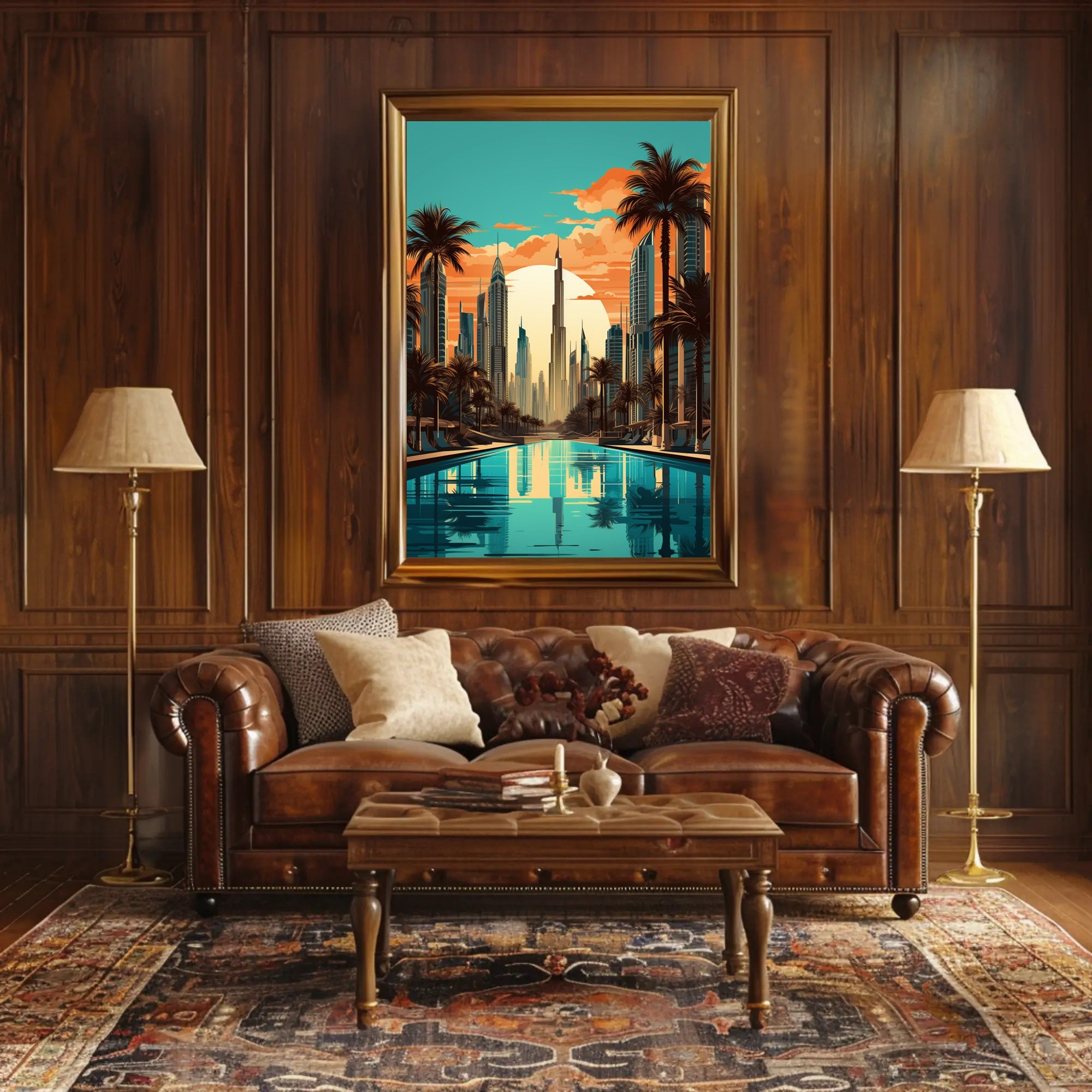 The poster features a stylized cityscape with a focus on a futuristic environment, Travel Poster PosterGoat