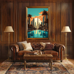 The poster features a stylized cityscape with a focus on a futuristic environment, Travel Poster PosterGoat