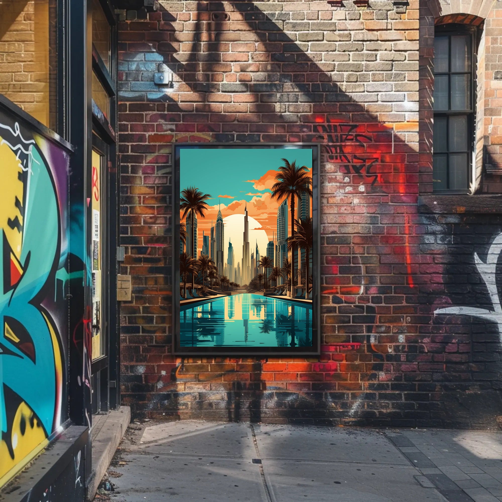 The poster features a stylized cityscape with a focus on a futuristic environment, Travel Poster PosterGoat