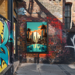 The poster features a stylized cityscape with a focus on a futuristic environment, Travel Poster PosterGoat