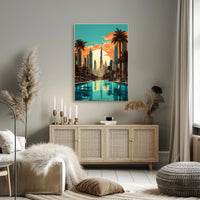 The poster features a stylized cityscape with a focus on a futuristic environment, Travel Poster PosterGoat