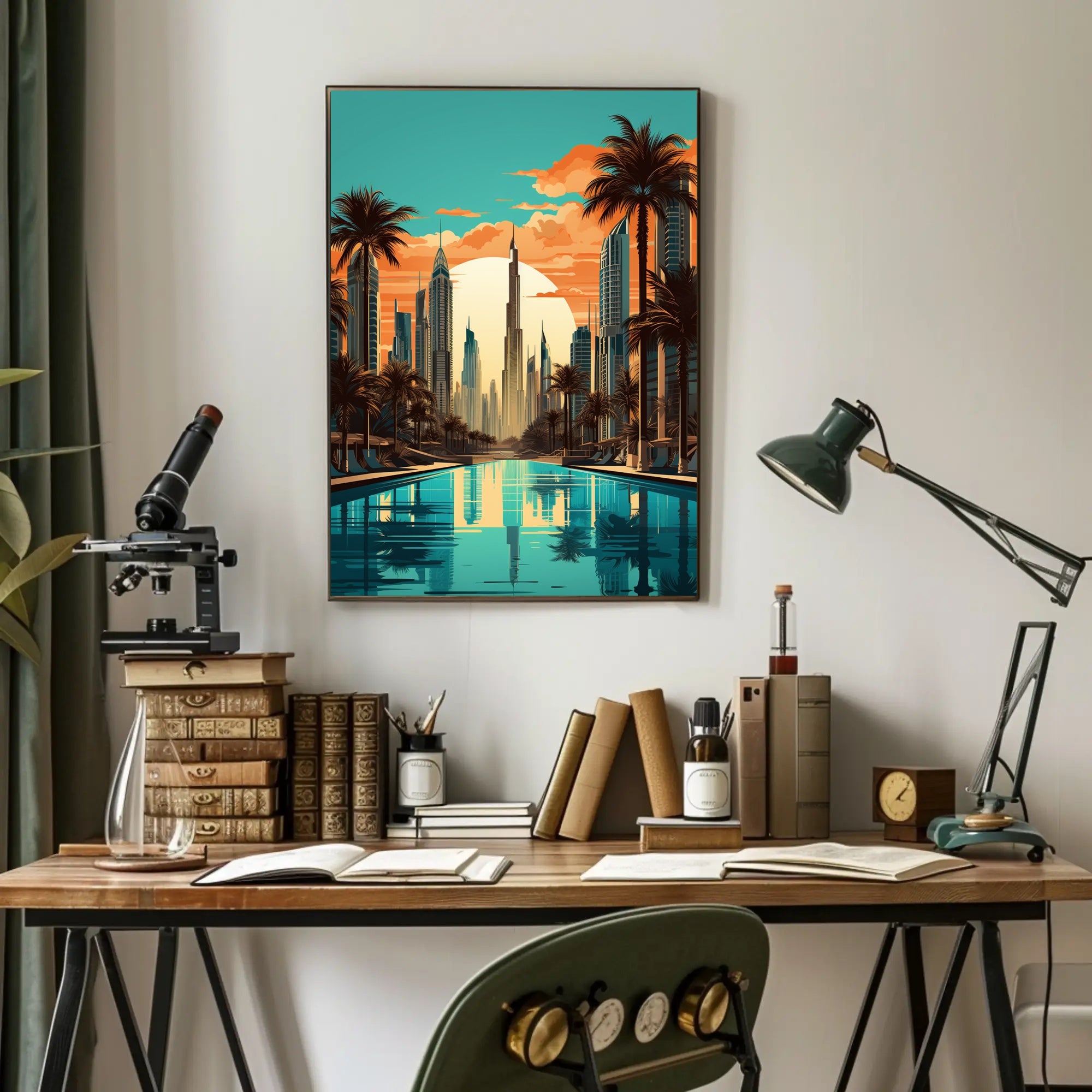 The poster features a stylized cityscape with a focus on a futuristic environment, Travel Poster PosterGoat