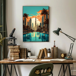 The poster features a stylized cityscape with a focus on a futuristic environment, Travel Poster PosterGoat