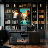 The poster features a stylized cityscape with a focus on a futuristic environment, Travel Poster PosterGoat