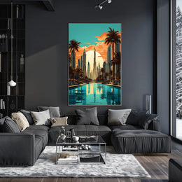 The poster features a stylized cityscape with a focus on a futuristic environment, Travel Poster PosterGoat