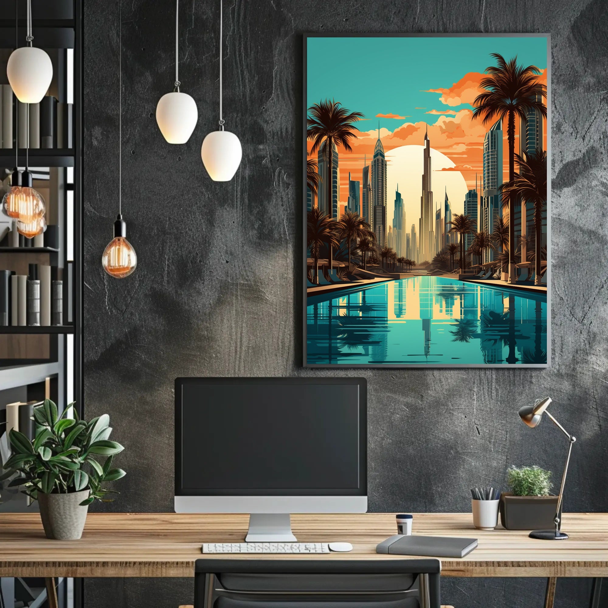 The poster features a stylized cityscape with a focus on a futuristic environment, Travel Poster PosterGoat